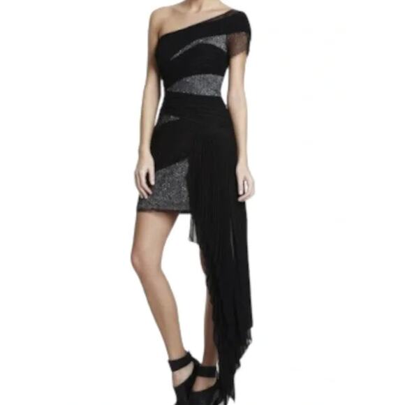 BCBGMAXAZRIA Runway Womens One Shoulder Lace Wrap Mini Chiffon Black Dress 0 - Picture 1 of 12